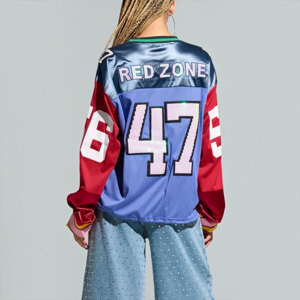 AKIRA Game Time Jersey L Sequin Color Block Mesh Football Sport Top Blue Red